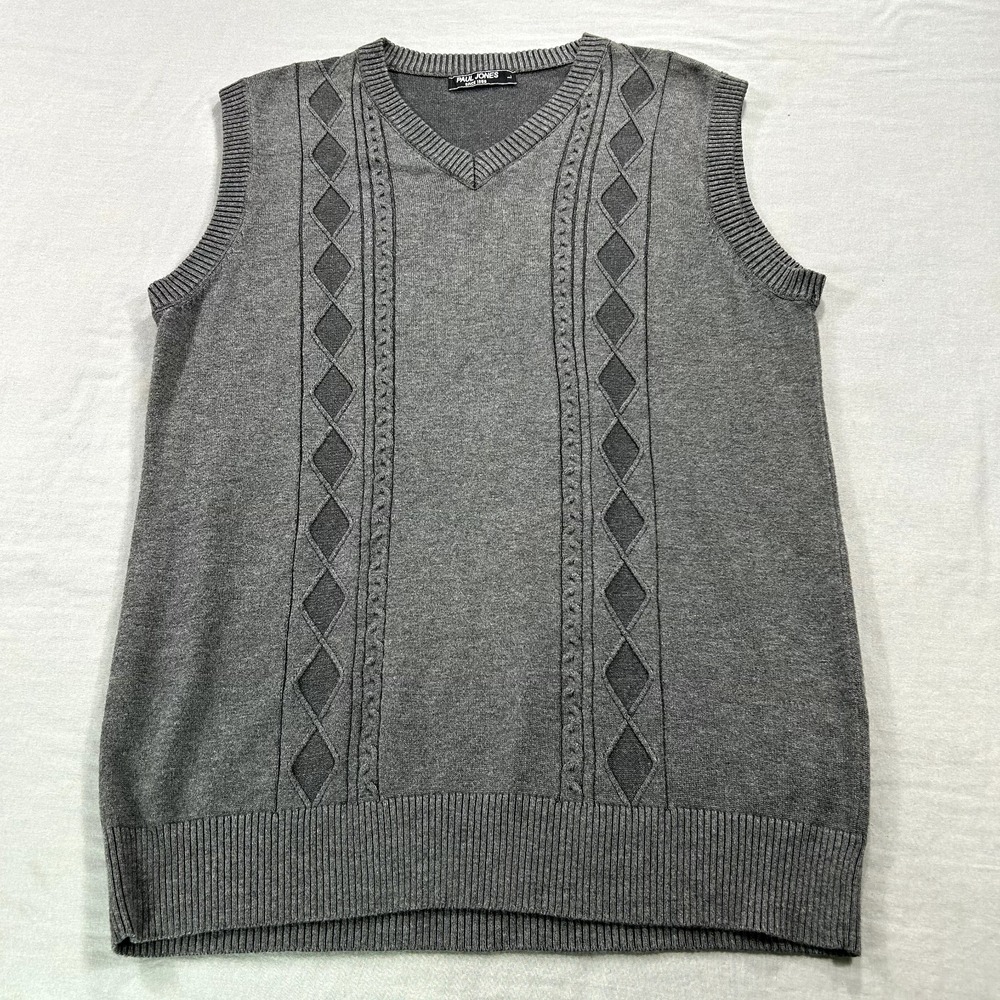Paul Jones Sweater Vest‎ Mens Large Gray Argyle V-Neck Knit Grandpa Golf Casual